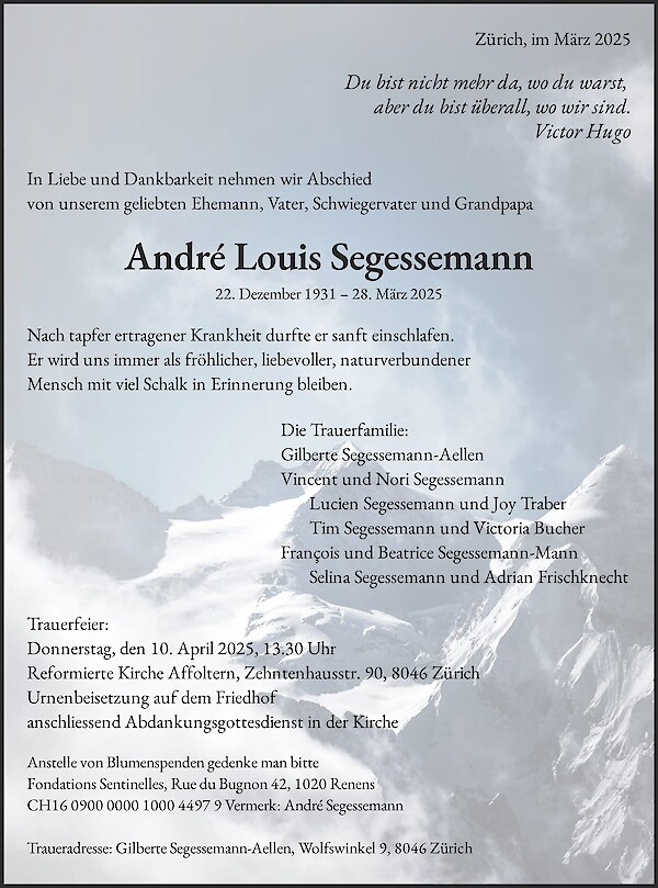 Todesanzeige von Andr&eacute; Louis Segessemann