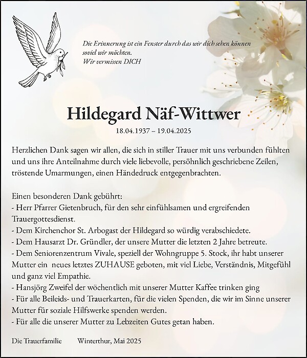Danksagung von Hildegard N&auml;f-Wittwer