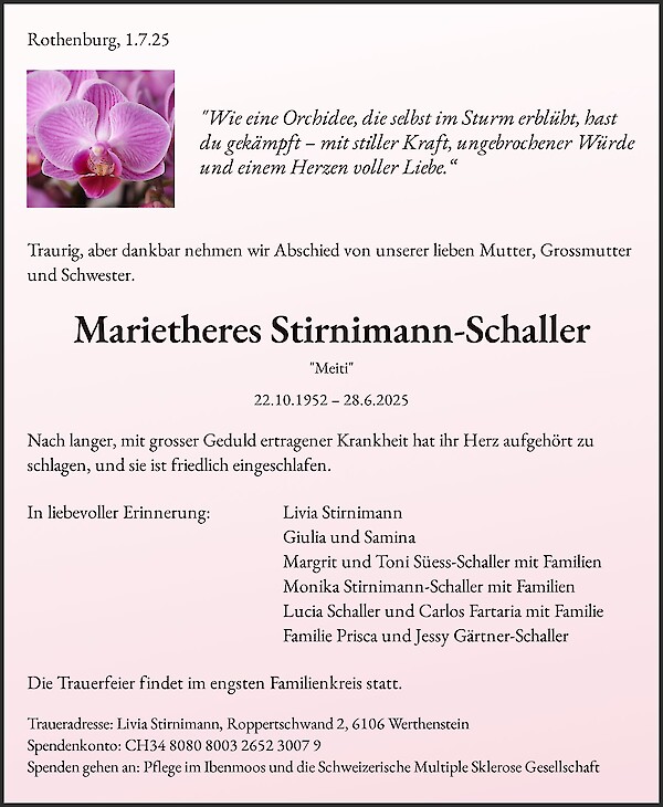Todesanzeige von Marietheres Stirnimann-Schaller, Rothenburg