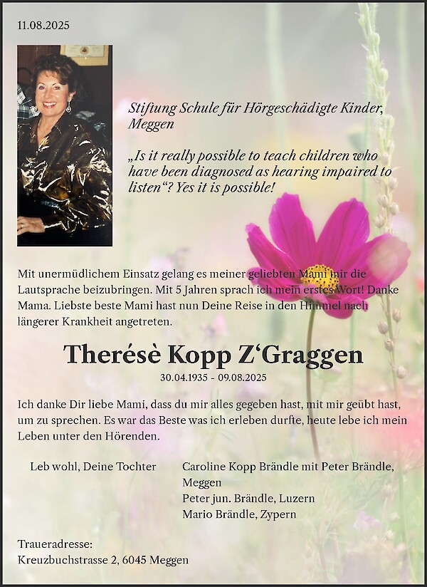 Todesanzeige von Ther&eacute;s&egrave; Kopp Z&lsquo;Graggen, Luzern