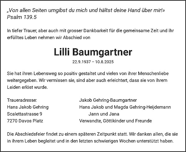 Todesanzeige von Lilli Baumgartner