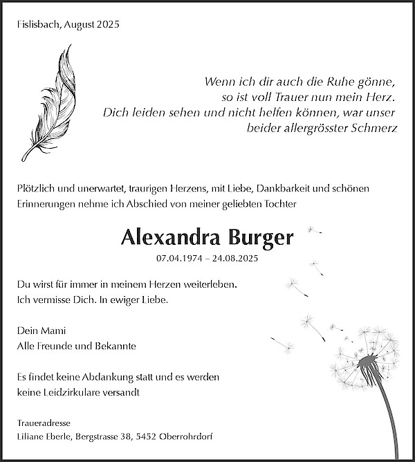 Todesanzeige von Alexandra Burger, Fislisbach