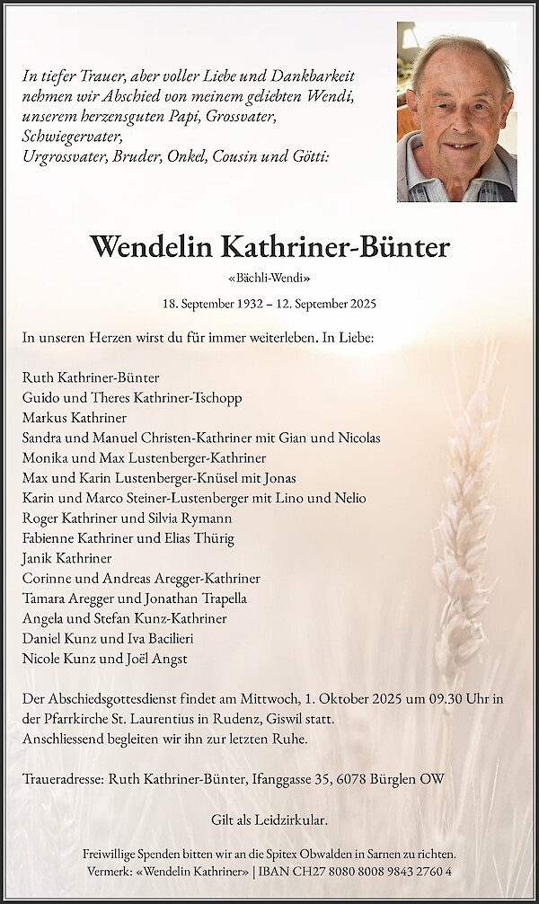 Todesanzeige von Wendelin Kathriner-B&uuml;nter, B&uuml;rglen