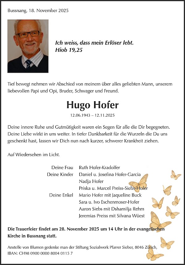 Todesanzeige von Hugo Hofer