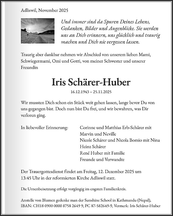 Todesanzeige von Iris Sch&auml;rer-Huber
