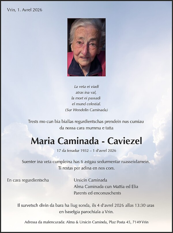 Todesanzeige von Maria Caminada - Caviezel, Vrin