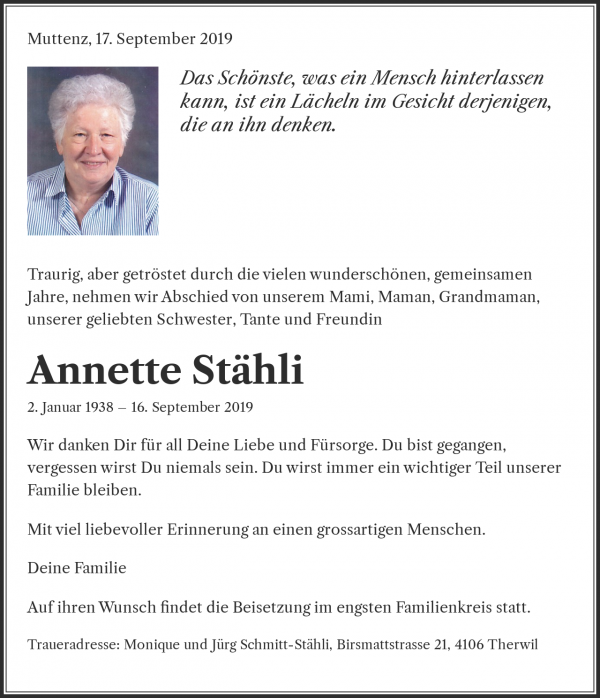 Todesanzeige von Annette St&auml;hli, Muttenz