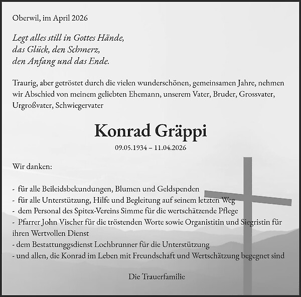 Danksagung von Konrad Gr&auml;ppi, Oberwil im Simmental