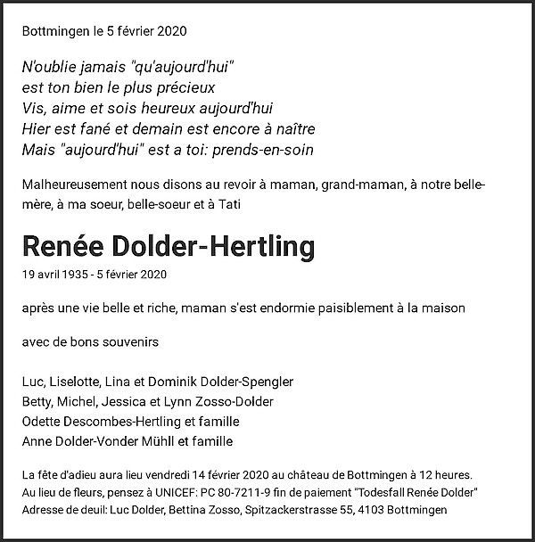 Todesanzeige von Ren&eacute;e Dolder-Hertling, Bottmingen