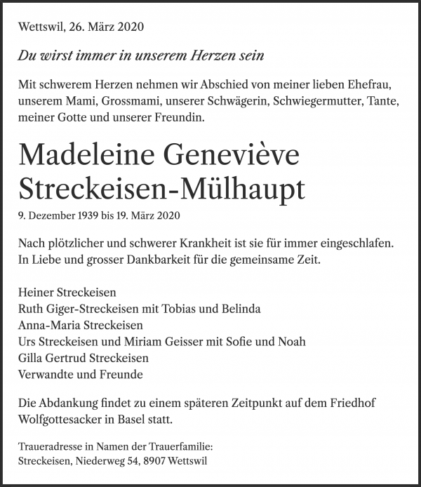 Todesanzeige von Madeleine Genevi&egrave;ve Streckeisen-M&uuml;lhaupt, Wettswil