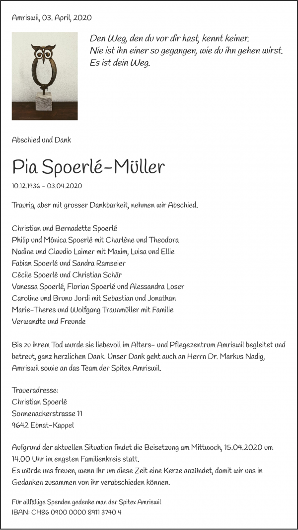 Todesanzeige von Pia Spoerl&eacute;-M&uuml;ller, Amriswil