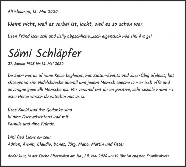 Todesanzeige von S&auml;mi Schl&auml;pfer, Altishausen