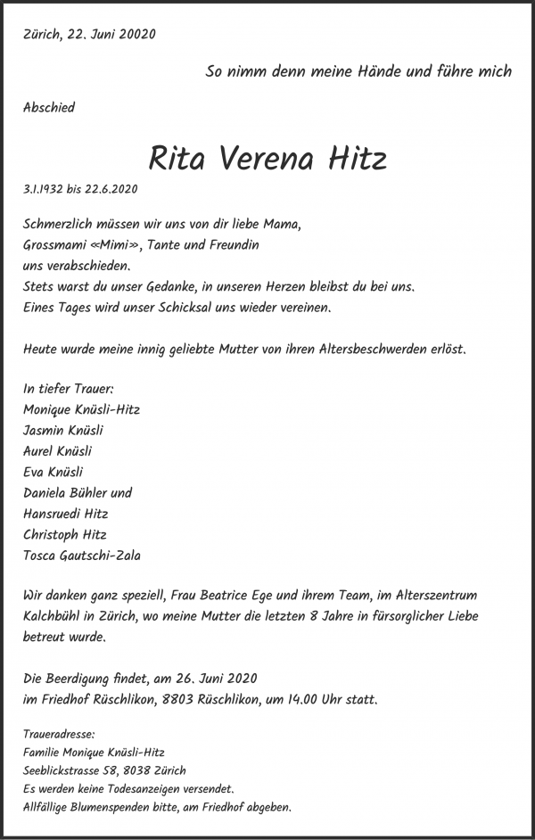 Todesanzeige von Rita Verena Hitz, Z&uuml;rich