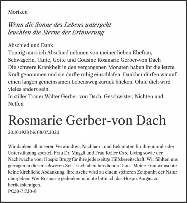 Todesanzeige von Rosmarie Gerber-von Dach, M&ouml;riken