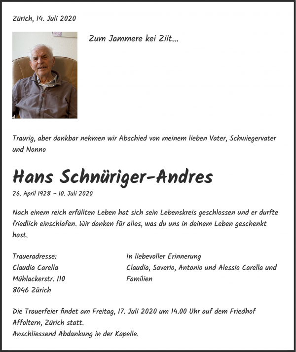 Todesanzeige von Hans Schn&uuml;riger-Andres, Z&uuml;rich