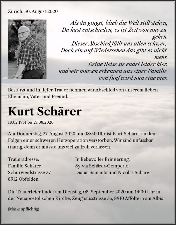 Todesanzeige von Kurt Sch&auml;rer, Obfelden