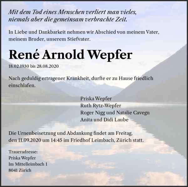Todesanzeige von Ren&eacute; Arnold Wepfer, Z&uuml;rich