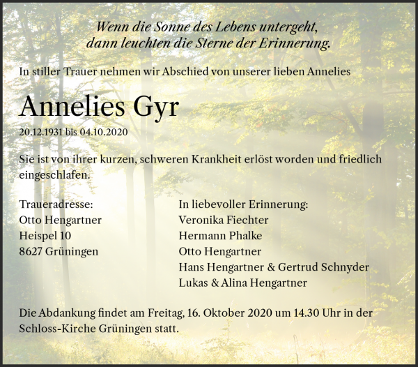 Todesanzeige von Annelies Gyr, Gr&uuml;ningen