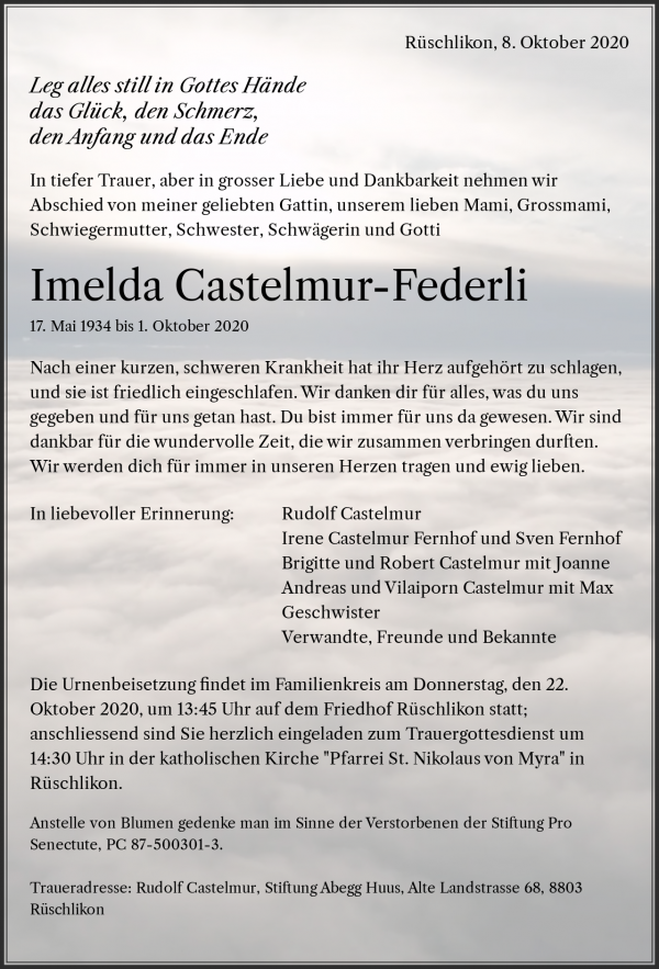 Todesanzeige von Imelda Castelmur-Federli, R&uuml;schlikon