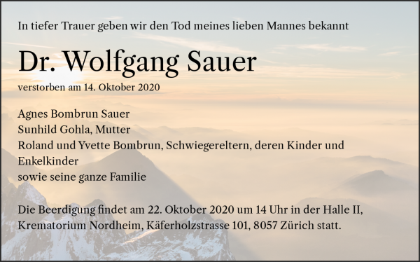 Todesanzeige von Dr. Wolfgang Sauer, Z&uuml;rich
