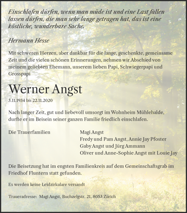 Todesanzeige von Werner Angst, Z&uuml;rich