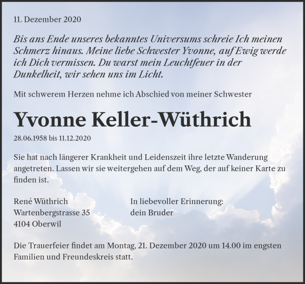 Todesanzeige von Yvonne Keller-W&uuml;thrich, Basel