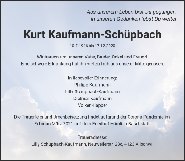 Todesanzeige von Kurt Kaufmann-Sch&uuml;pbach, Basel