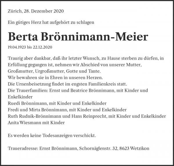 Todesanzeige von Berta Br&ouml;nnimann-Meier, Z&uuml;rich