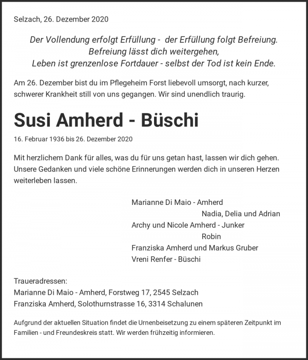 Todesanzeige von Susi Amherd - B&uuml;schi, Selzach