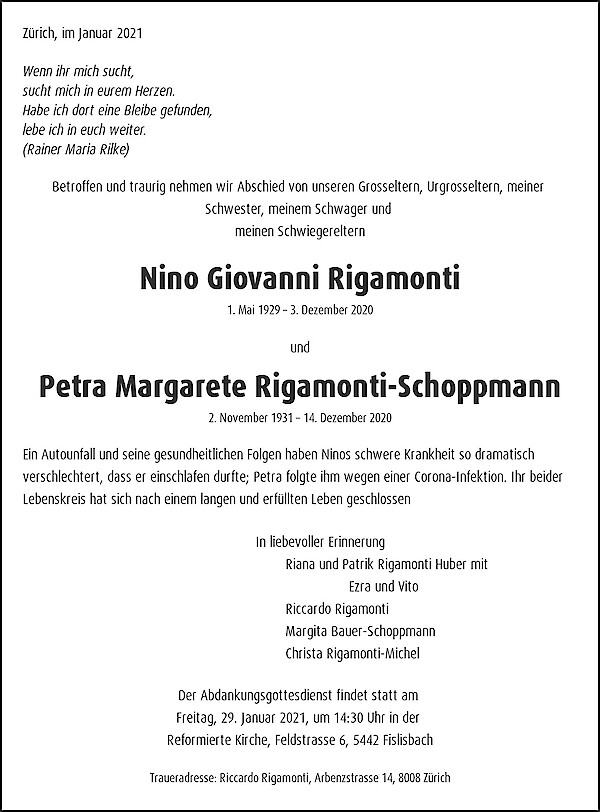 Todesanzeige von Nino Giovanni Rigamonti und Petra Margarete Rigamonti-Schoppmann, Z&uuml;rich