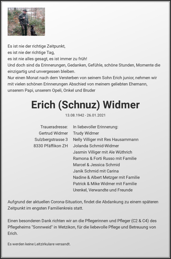 Todesanzeige von Erich (Schnuz) Widmer, Pf&auml;ffikon