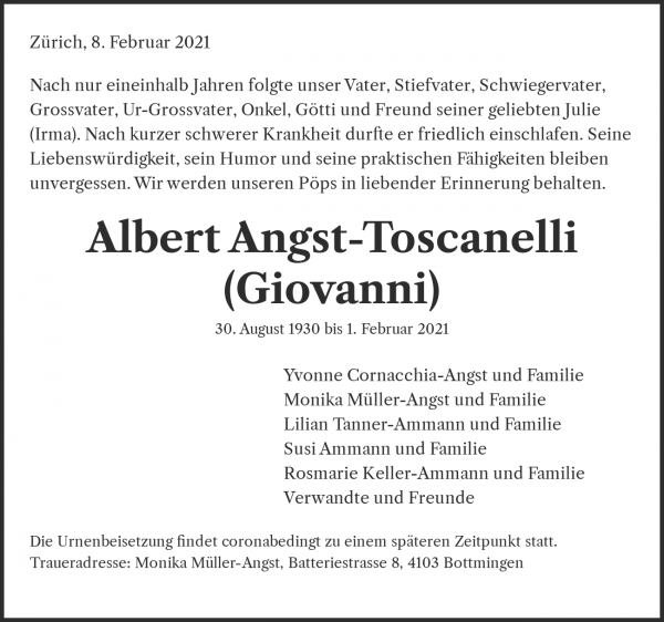 Todesanzeige von Albert Angst-Toscanelli (Giovanni), Z&uuml;rich