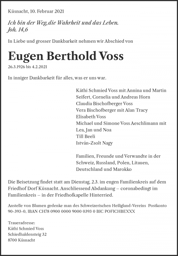 Todesanzeige von Eugen Berthold Voss, K&uuml;snacht ZH