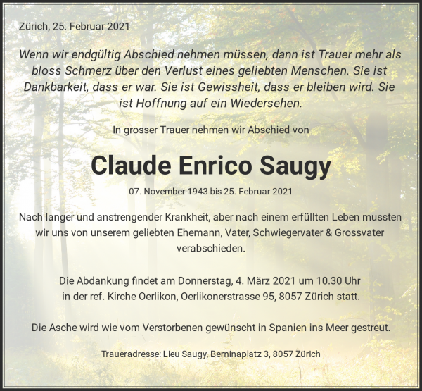 Todesanzeige von Claude Enrico Saugy, Z&uuml;rich