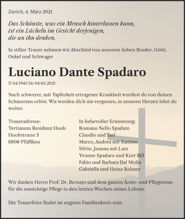 Todesanzeige von Luciano Dante Spadaro, Pf&auml;ffikon