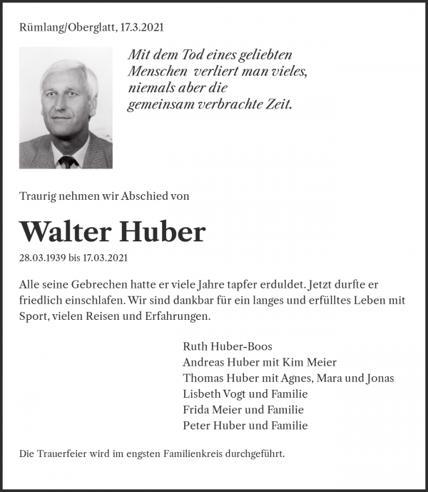 Todesanzeige von Walter Huber, R&uuml;mlang