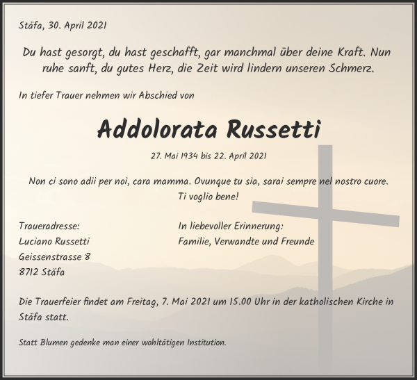Todesanzeige von Addolorata Russetti, St&auml;fa