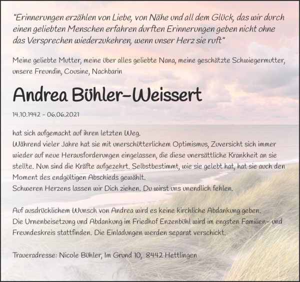 Todesanzeige von Andrea B&uuml;hler-Weissert, Wallisellen