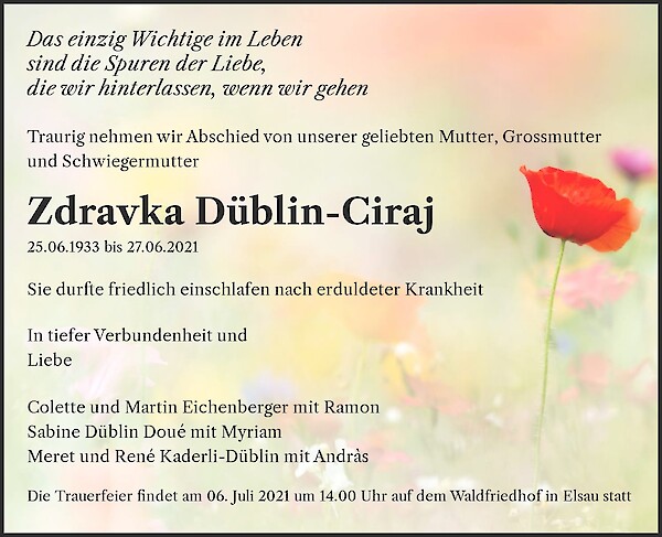 Todesanzeige von Zdravka D&uuml;blin-Ciraj, Elsau