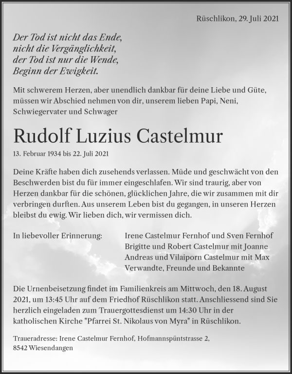 Todesanzeige von Rudolf Luzius Castelmur, R&uuml;schlikon