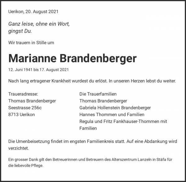 Todesanzeige von Marianne Brandenberger, St&auml;fa