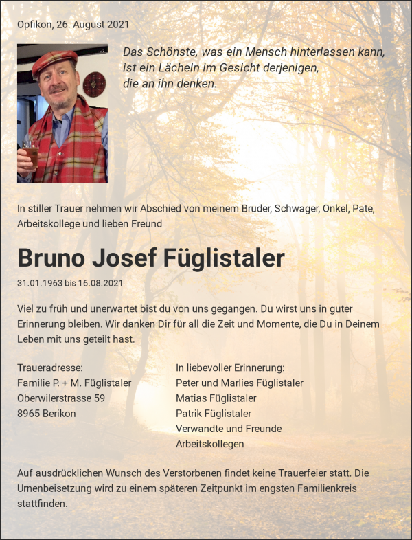 Todesanzeige von Bruno Josef F&uuml;glistaler, Opfikon-Glattbrugg