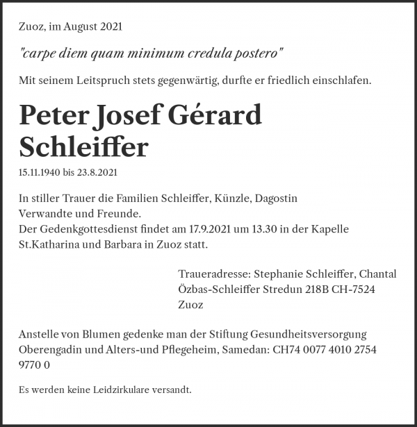 Todesanzeige von Peter Josef G&eacute;rard Schleiffer, Samedan
