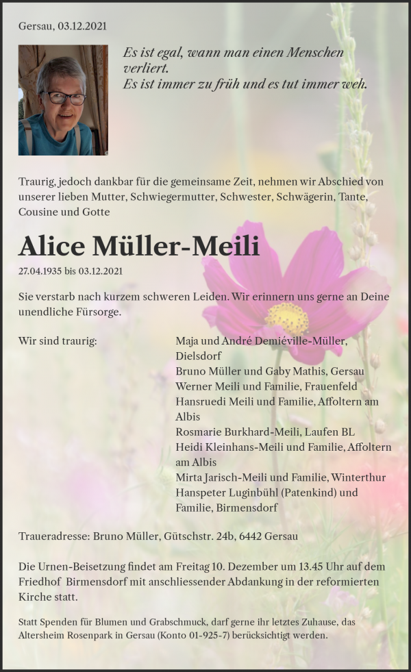Todesanzeige von Alice M&uuml;ller-Meili, Gersau