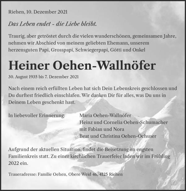 Todesanzeige von Heiner Oehen-Walln&ouml;fer, Riehen