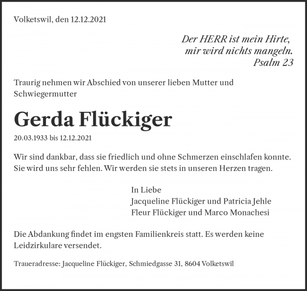 Todesanzeige von Gerda Fl&uuml;ckiger, Volketswil