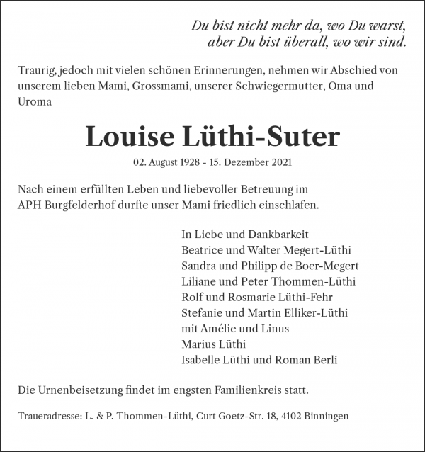 Todesanzeige von Louise L&uuml;thi-Suter, Basel