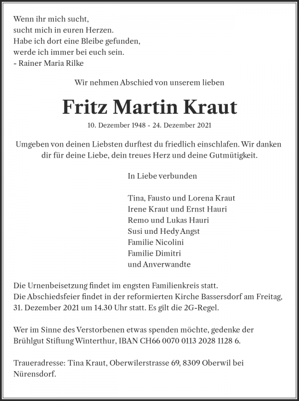 Todesanzeige von Fritz Martin Kraut, N&uuml;rensdorf