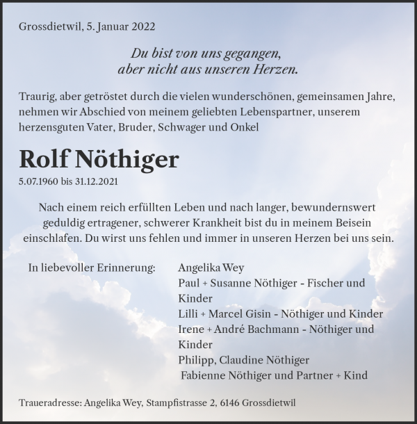 Todesanzeige von Rolf N&ouml;thiger, Grossdietwil