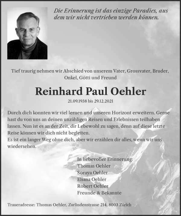 Todesanzeige von Reinhard Paul Oehler, R&uuml;schlikon